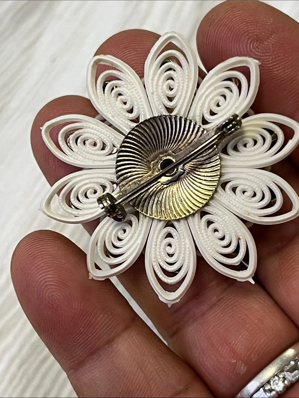 Antique Cream Floral Brooch with Blue Rhinestones